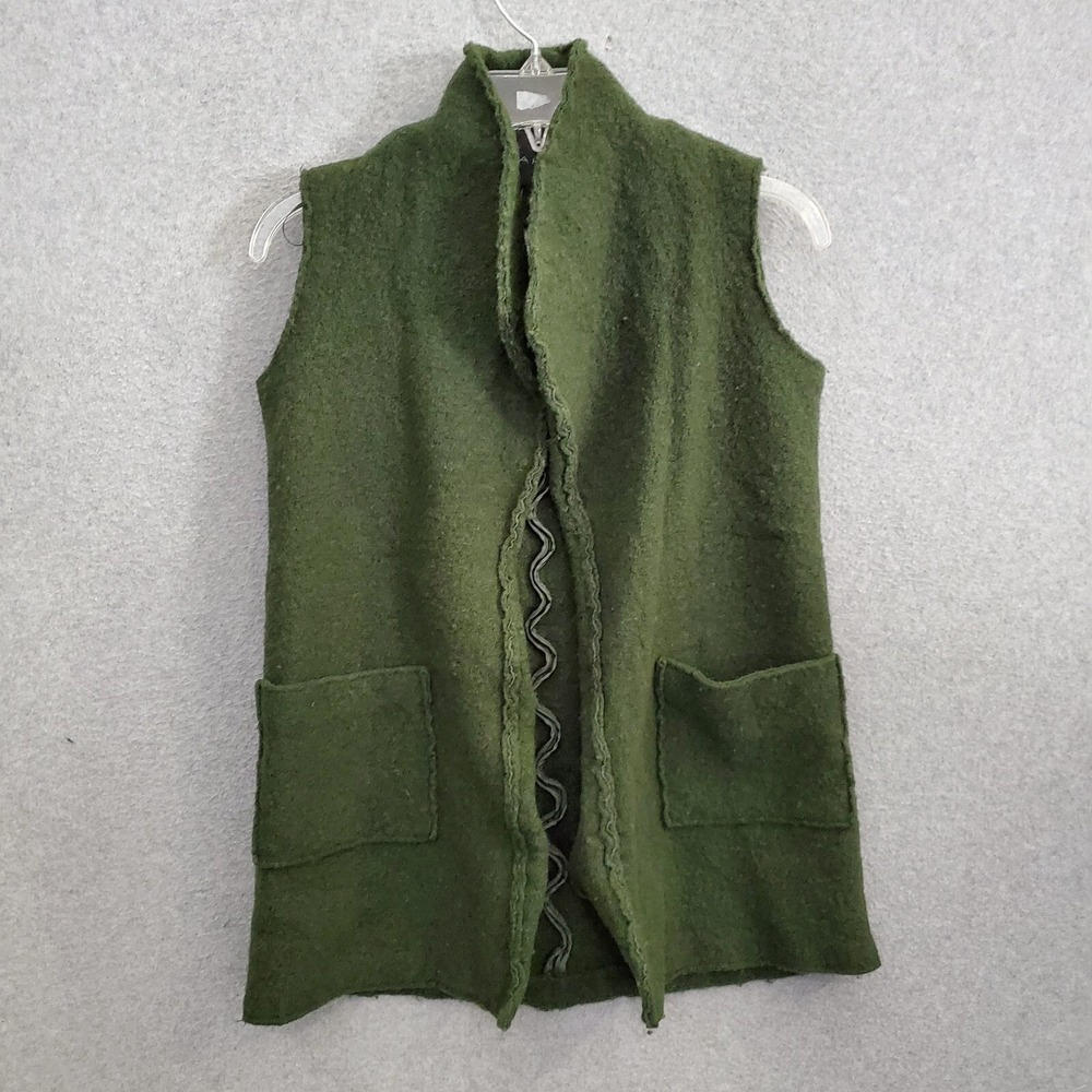 Tahari Women Jacket Medium Green Wool Blend Vest Sleeveless Open Front READ